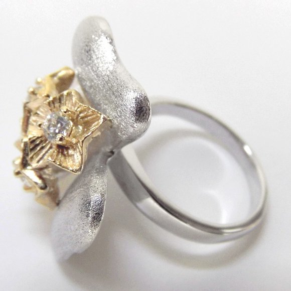 Flower Two Tone Sterling SILVER CZ Ring - Picture 4 of 7